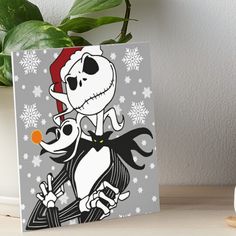 a cartoon skeleton riding on the back of a dog wearing a santa hat art board print