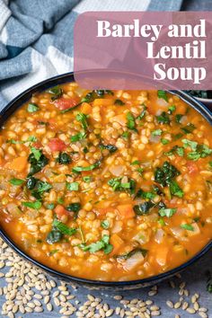 barley and lentil soup in a blue bowl