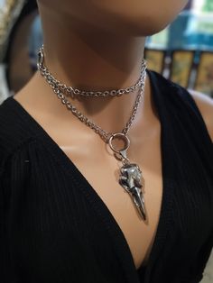 Steel Gothic Punk Choker Collar Raven Bird Skull Layered Necklace Set  in Goth Grunge Viking Aesthetic. It is an all stainless steel curb chain, all connected to one clasp.  Length at neck runs from 13" to 16" with a built in extender.. PLEASE NOTE FOR RETURNS! If I accept returns on your purchase (check when ordering, some items are "no returns") your will receive a refund once I receive the item back, and your refund is MINUS  the original shipping fees, as I have already paid to ship it. So m Punk Necklace With Lobster Clasp For Halloween, Punk Metal Necklaces For Cosplay, Punk Metal Necklace For Cosplay, Punk Style Metal Necklace For Cosplay, Alternative Style Necklaces For Halloween, Grunge Necklaces For Halloween, Alternative Halloween Necklaces For Alternative Fashion, Alternative Halloween Necklaces, Punk Style Halloween Festival Necklaces