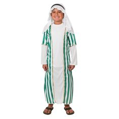 a young boy dressed in a green and white striped outfit with a hood on his head