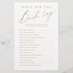 what did the bride say game card on marble surface with gold foil lettering and question mark