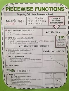 a piece of paper with some writing on it that says, piecewise functions graphing calculator reference sheet