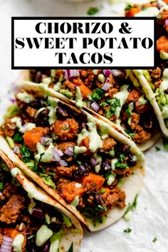 chorizo and sweet potato tacos with avocado sauce on top, served in tortillas