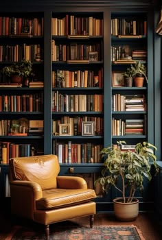 a leather chair sitting in front of a book shelf filled with books