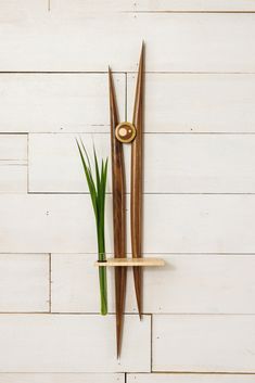 a wall clock with two wooden sticks attached to it's face and a green plant in front of it