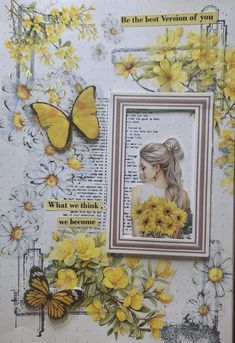 an altered photo with yellow flowers and butterflies on the wall next to a framed picture