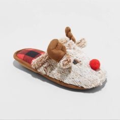 Brown Holiday Rudolf Scuff Slippers Features A Red Nose With Brown Antlers Faux-Fur Upper Sole Plaid Interior With Contrast Lining Cushioned Insole Slip-On Style Reindeer Slippers, Holiday Slippers, Brown Slippers, Christmas Slippers, Reindeer Face, Round Toe Shoes, Fuzzy Slippers, 5 Kids, Cozy Gift