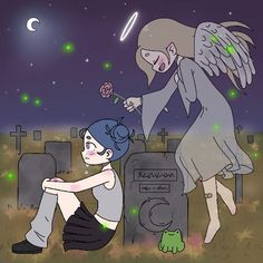 an angel kneeling down next to a woman in front of a grave with a rose