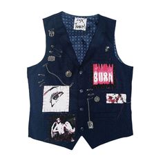 Customized unisex dark blue vest with steam punk details and patches. Size : Small to Medium W: 48 cm ( 18 inch)  L: 58 cm (22 inch) Designed to make you feel special. Customized with pins, patches, medallions and chains for a striking appearance on the streets. Fitted Grunge Vest For Festivals, Fitted Vest With Buttons For Festival, Fitted Blue Vest For Festival, Edgy Fitted Denim Vest For Alternative Fashion, Fitted Denim Vest For Alternative Fashion, Denim Vest Patches, Punk Rock Vest, Fitted Cotton Grunge Vest, Vest With Patches