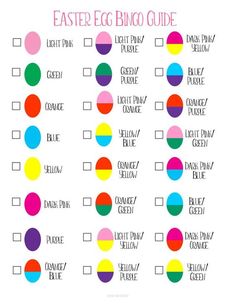 the easter egg bingo guide is shown with colorful circles and words on white paper