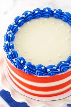 a red, white and blue cake on a plate