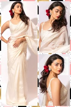 Hairstyles For White Saree, White Saree Makeup Look Simple, White Saree Look Traditional, White Saari Ideas, White Saree Look For Party, Gangubai Hairstyle, White Saare Looks, Farewell Saree Hairstyle, Alia Saree Look