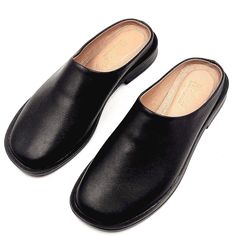 Materials: 100% Genuine Leather Sole: Comfort-contoured Heel: Flat Fit: Snug  Size Chart: For sizing information, please see the size chart included in the picture gallery or use online shoes size converter https://www.gigacalculator.com/converters/shoe-size-converter.php Effortless Summer Style: Mary Jane Flats: Women's Leather Shoes, Black Leather Mules, Fashion Lover Gift  Step into summer with these chic black leather mules.  Genuine leather construction offers both style and comfort, while Classic Closed Toe Faux Leather Mules, Black Slip-ons With Leather Lining And Plain Toe, Classic Black Closed Toe Mules, Black Closed Toe Mules With Leather Lining, Black Slip-ons With Leather Lining And Round Toe, Black Leather Mules With Round Toe, Black Leather Closed Toe Mules, Black Slip-on Faux Leather Shoes, Black Flat Mules With Leather Sole