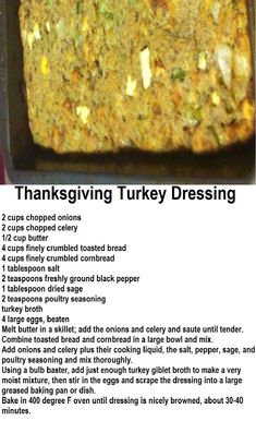 a recipe for thanksgiving turkey dressing in a baking pan with instructions on how to make it