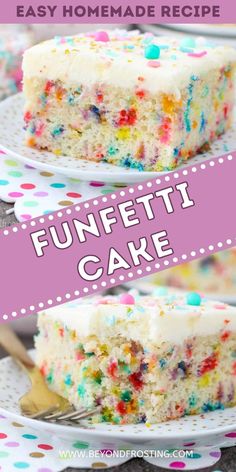 a cake with white frosting and colorful sprinkles on it is cut into pieces