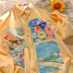 Girls Blouse 2022 Autumn Cotton Casual Sweet Print Full Turn-down Collar Casual Shirts High-Capacity Yellow Oil Painting, Print Shirts Women, Outfit Essentials, Look Festival, Crop Pullover, Paint Shirts, Soft Girl Aesthetic, Oversize Shirt, Patchwork Jeans