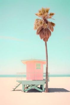 a pink lifeguard hut on the beach with a palm tree