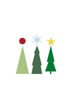 three christmas trees with snowflakes and a star in the top right hand corner