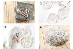 four pictures showing the steps to crochet and how to use them for coasters