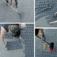 four pictures of people using bricks to build a walkway with brooms and rakes