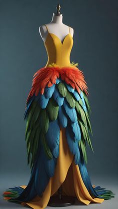 a dress made out of colorful feathers on a mannequin