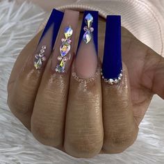 Pretty Nail Ideas Acrylic Blue, Prom Nail Ideas Royal Blue, Royal Blue Acrylic Nails Sparkle, Nails Inspiration Royal Blue, Acrylic Nails Solid Color Simple Long, Saphire Blue Quinceanera, Royal Blue Prom Acrylic Nails, Navy Nails With Rhinestones, Nail Ideas For Navy Blue Prom Dress