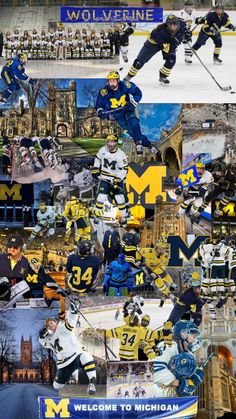 a collage of michigan hockey players and their names on the team's uniforms