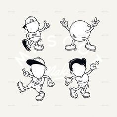 three cartoon characters running and jumping in the air with their hands up, one pointing at something