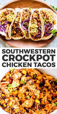 southwest crockpot chicken tacos on a platter with the title above it