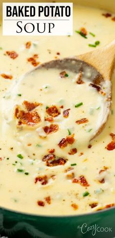 baked potato soup in a green pot with a wooden spoon on the side and text overlay that reads baked potato soup