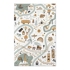 a map with many different things and animals in the land, including houses, trees, water