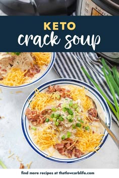 two bowls of low carb crock chicken soup with the instant pressure cooker in the background