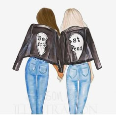 two women wearing leather jackets with the words best friends on their backs, painted in watercolor