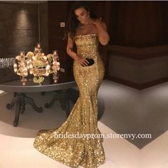 Long Gold Sequins Strapless Prom Dress Back Open Custom Mermaid Evening Gowns on Storenvy Prom Dresses Long Strapless, High Neck Evening Gown, Sequin Prom Dresses Long, Gala Outfits, Prom Evening Dresses, Cheap Gowns, Evening Dress Long, Formal Occasion Dress, Gold Prom Dresses