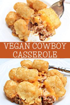 two pictures with the words vegan cowboy casserole on top and in the middle