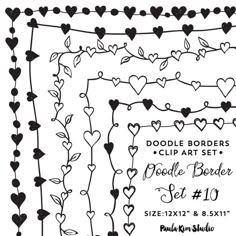 the doodle borders clip art set includes hearts, vines and leaves in black ink