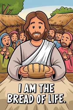 Jesus holding a loaf of bread, with people smiling in the background. Text reads "I am the Bread of Life." The Bread Of Life, I Am The Bread Of Life, Short Jesus Quotes, Jesus Born, Uplifting Phrases, Scripture Art Print, Jesus Help, Children Church, Jesus Teachings