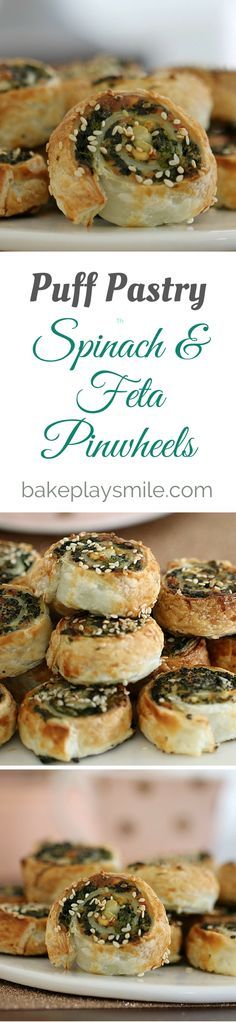 puff pastry with spinach and feta pancakes on a white plate next to the recipe title