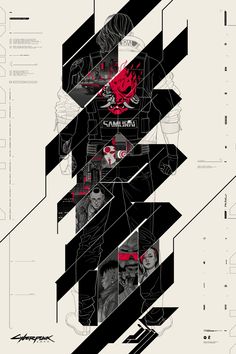 an abstract poster with black and white lines, red and grey shapes, and images of people