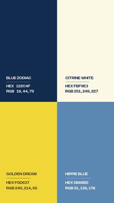 the color scheme for blue, yellow and white is shown in three different shades with text below