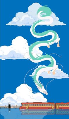 a train traveling across a blue sky with clouds in the foreground and an image of a dragon flying over it