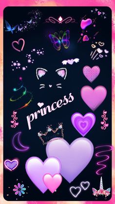 princess wallpaper with lots of hearts and other things in the dark background, including butterflies