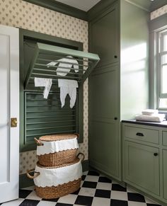 the laundry room is clean and ready to be used as a baby's changing table