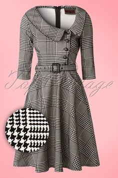 The 50s Lilly Swing Dress in Houndstooth by Vixen is an elegant dress with a classy houndstooth print!  Classy ladies, beware; this beauty is truly a must-have! Beautifully fitted top featuring an asymmetrical neckline, rounded fold over collar, a row of black faux leather buttons, 3/4 sleeves and black faux leather piping. The waist is perfectly emphasized by the detachable fabric belt from where it's ending into a flattering semi-swing skirt which hits just below the knee with a h... Dresses For Women Over 50, Áo Blu, Houndstooth Dress, Ladies Dresses, Elegant Dresses For Women, White Houndstooth, Women Over 50, African Fashion Dresses, Classy Women