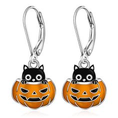 PRICES MAY VARY. [CAT EARRINGS FOR WOMEN]These black cat earrings for women feature a cute feline design, making them the perfect accessory for cat lovers. The unique combination of cats and pumpkins makes these earrings ideal for Halloween celebrations. [PREMIUM QUALITY MATERIAL]Crafted from high-quality materials, these Halloween earrings are not only stylish but also safe for sensitive ears. The sterling silver leverback ensures a secure and comfortable fit. [SIZE FOR EVERYDAY WEAR]Measuring Cats And Pumpkins, Bat Cat, Black Cat Earrings, Christmas Tree Snowman, Nautical Earrings, Halloween Pumpkin Designs, Tree Snowman, Dolphin Earrings, Sterling Silver Cat