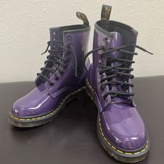 New Purple Dr. Martens Lace Up Boots, Yellow Welt Stitching And High Shine Glossy Finish. Size 6 Purple Lace-up Boots For Spring, Purple Sole Black Boots, Purple Doc Martens, Purple Punk Boots With Round Toe, Purple Dr Martens, Doc Martens Purple Laces, Purple Boots, Shoes Dr Martens, Martens Shoes