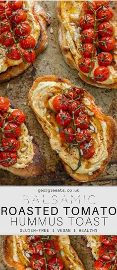 roasted tomato hummus toast on a baking sheet with text overlay that says roasted tomato toast