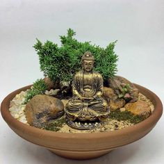 a small buddha statue sitting in a bowl filled with rocks and plants