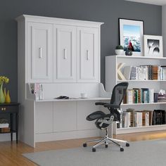 a white bookcase and office chair in a room