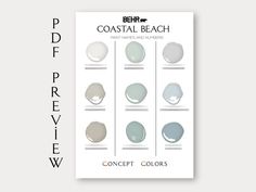 the color guide for coastal beach is displayed in front of a white background with black and gray